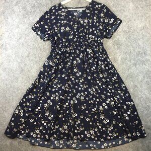 Shein Dress 1X Midi Navy Blue Floral Short Sleeve Faux Wrap Fit Flare Career